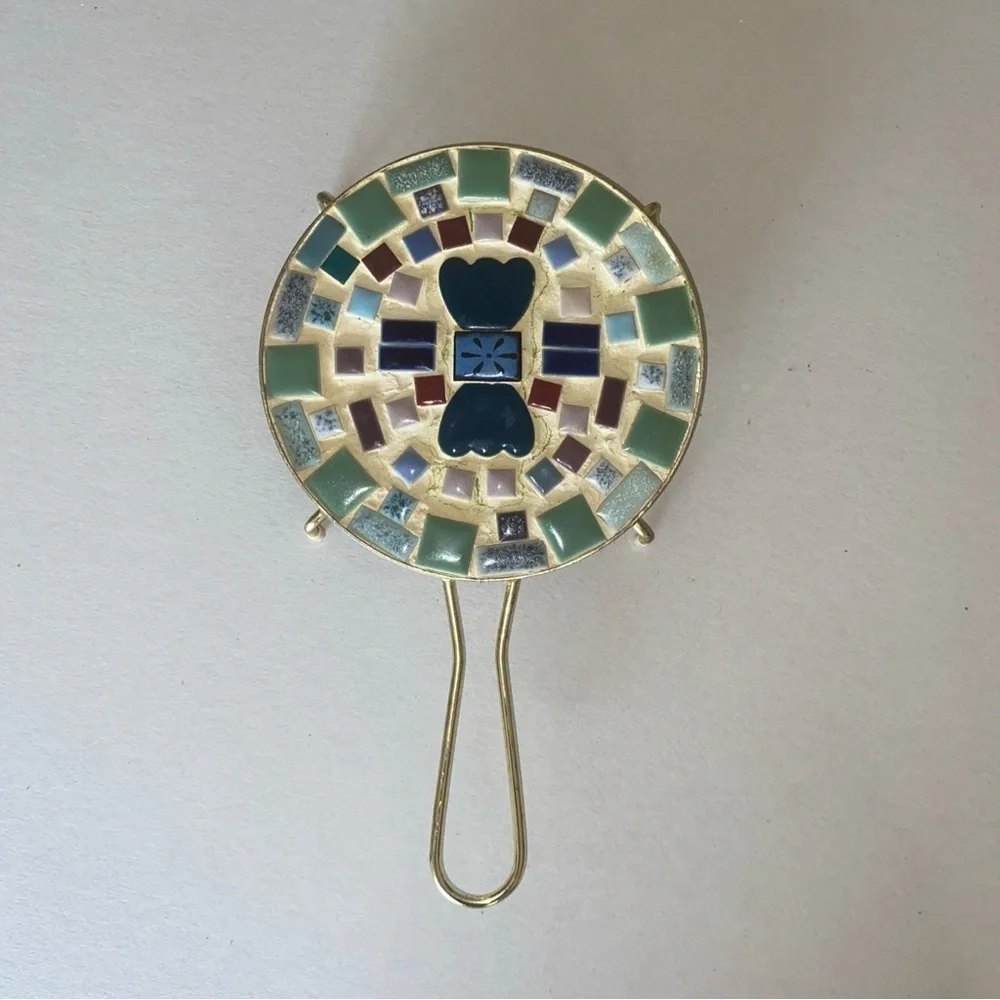 Vintage Trivet Micro Mosaic Tile Hearts Mid-Century Metal Frame Handle Handmade